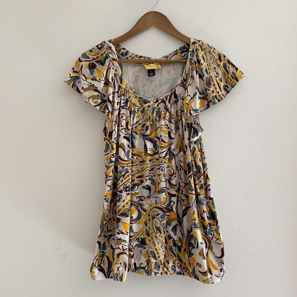 ST. JOHN SoCa Brown & Yellow Paisley Flutter Sleeve Top Large Quiet Luxe